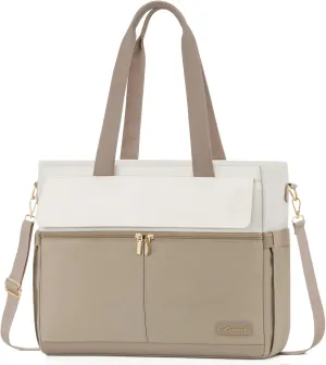 LOVEVOOK Women's Khaki Beige 15.6 Inch Laptop Tote Bag, Large Capacity Work Bags with Multiple Pockets, Water Resistant Computer Bag for Business Travel, Nurse, Teacher