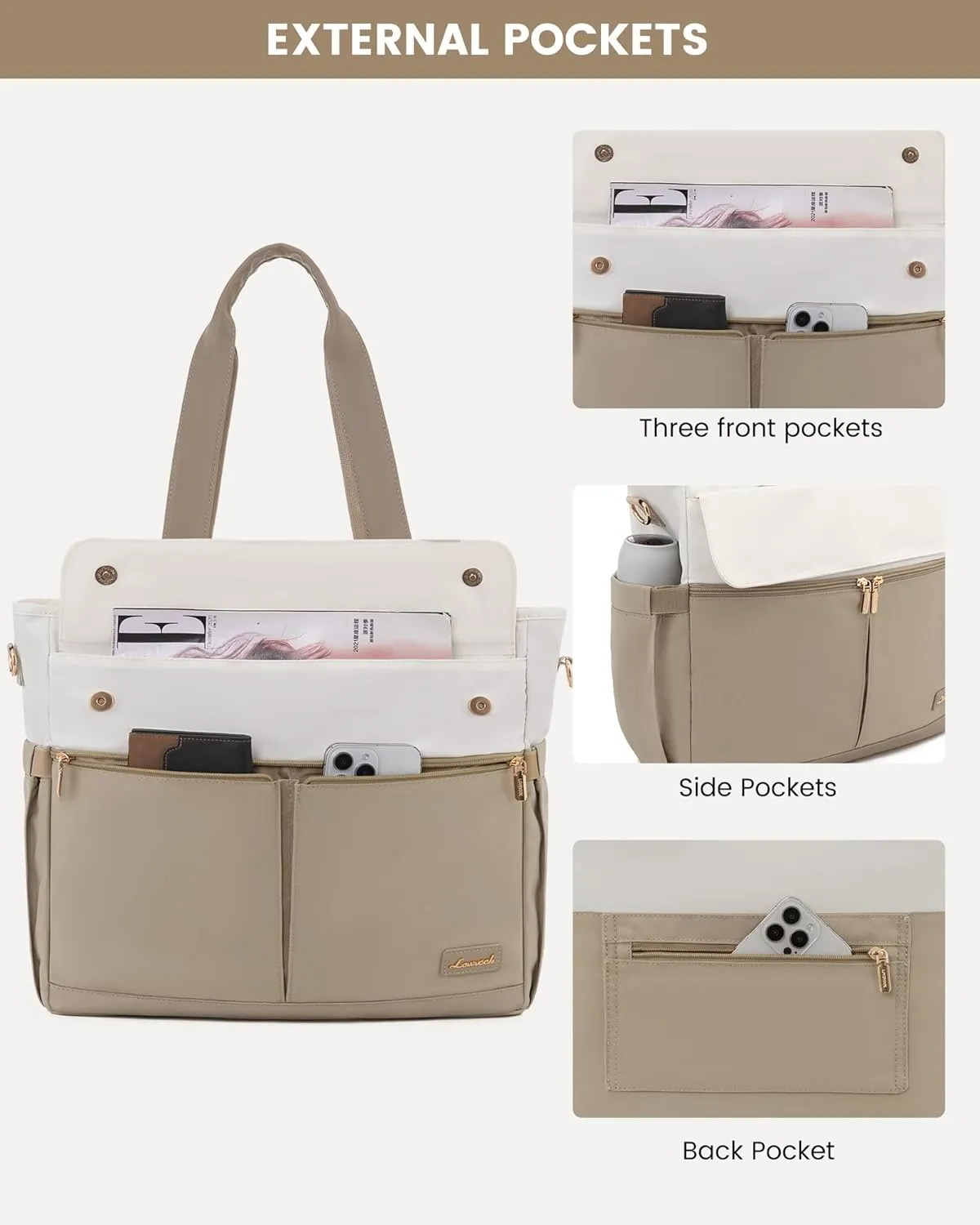 LOVEVOOK Women's Khaki Beige 15.6 Inch Laptop Tote Bag, Large Capacity Work Bags with Multiple Pockets, Water Resistant Computer Bag for Business Travel, Nurse, Teacher