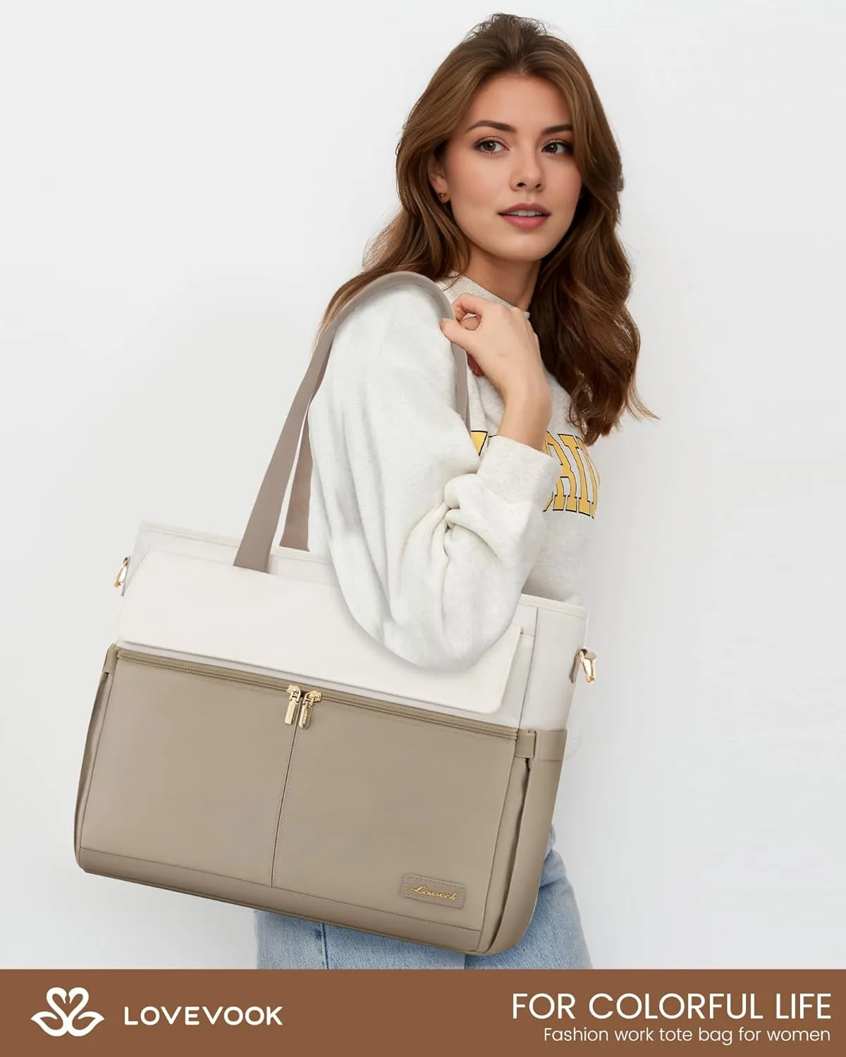 LOVEVOOK Women's Khaki Beige 15.6 Inch Laptop Tote Bag, Large Capacity Work Bags with Multiple Pockets, Water Resistant Computer Bag for Business Travel, Nurse, Teacher