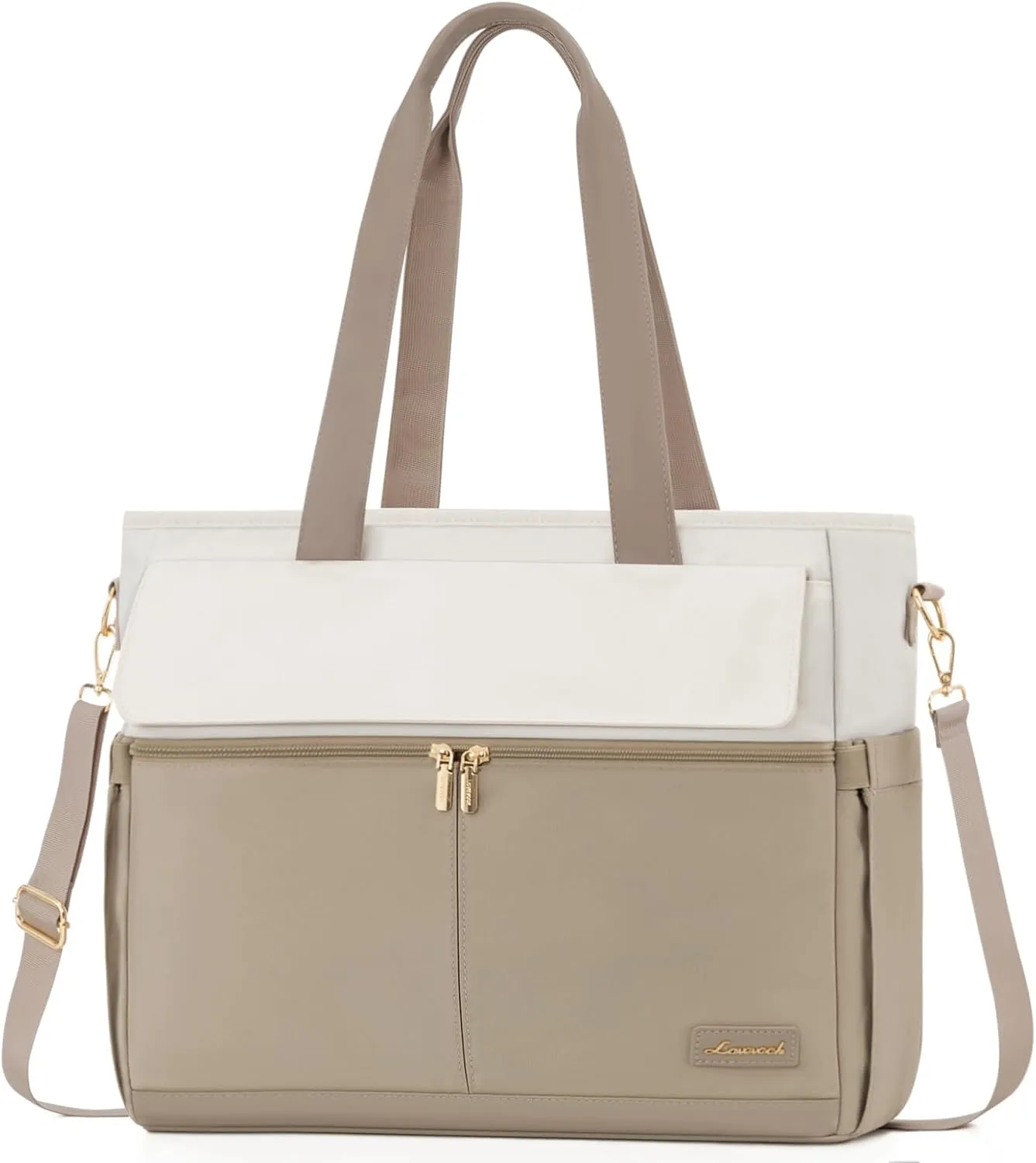 LOVEVOOK Women's Khaki Beige 15.6 Inch Laptop Tote Bag, Large Capacity Work Bags with Multiple Pockets, Water Resistant Computer Bag for Business Travel, Nurse, Teacher