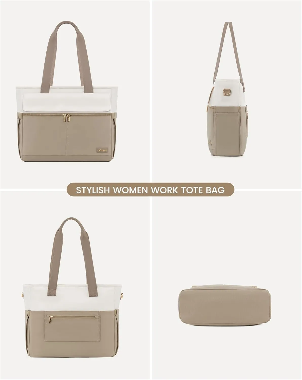 LOVEVOOK Women's Khaki Beige 15.6 Inch Laptop Tote Bag, Large Capacity Work Bags with Multiple Pockets, Water Resistant Computer Bag for Business Travel, Nurse, Teacher