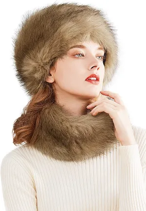 Lovful Faux Fur Women Russian Cossack Style Hat,Scarf Set for Ladies
