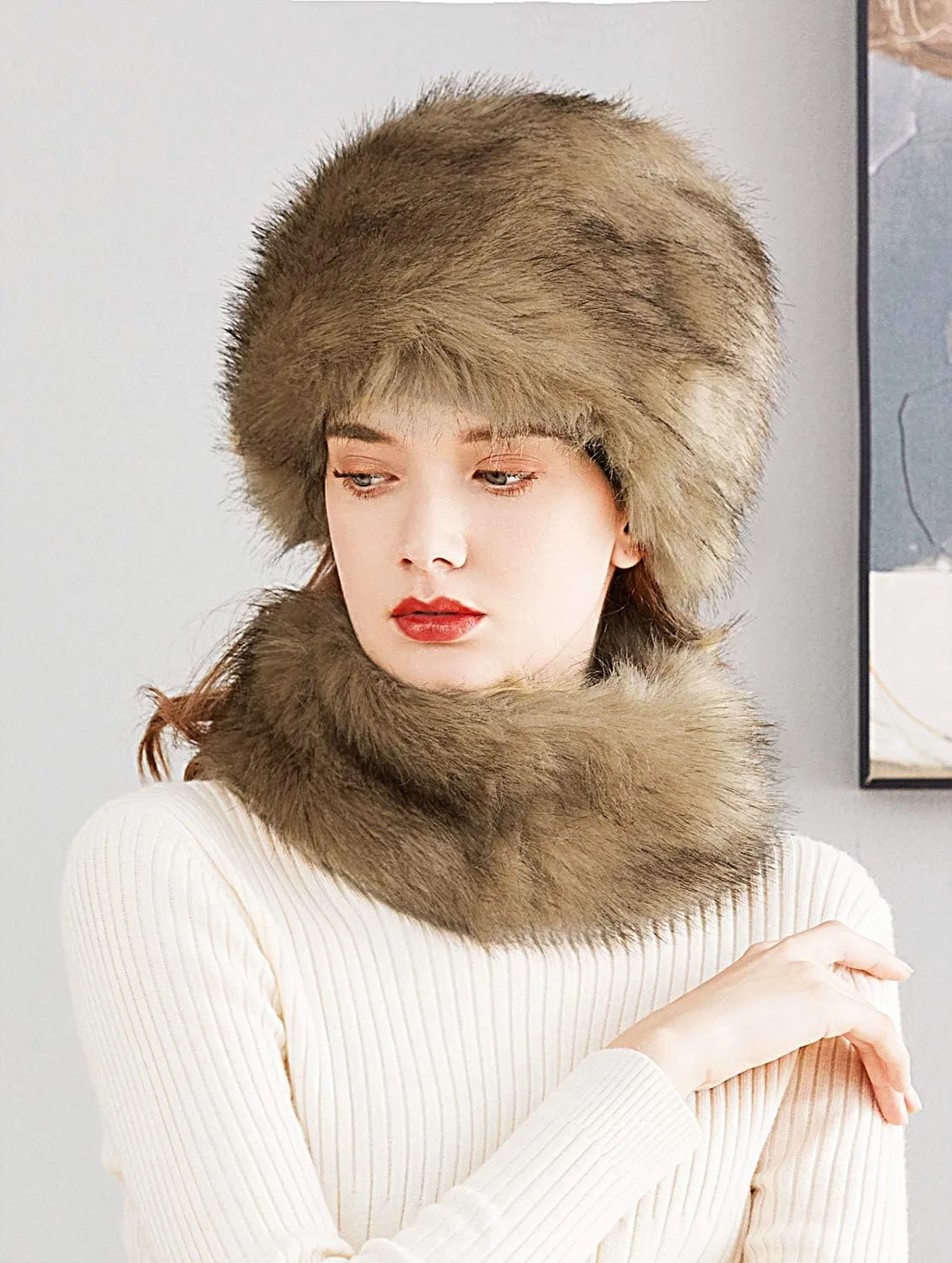 Lovful Faux Fur Women Russian Cossack Style Hat,Scarf Set for Ladies