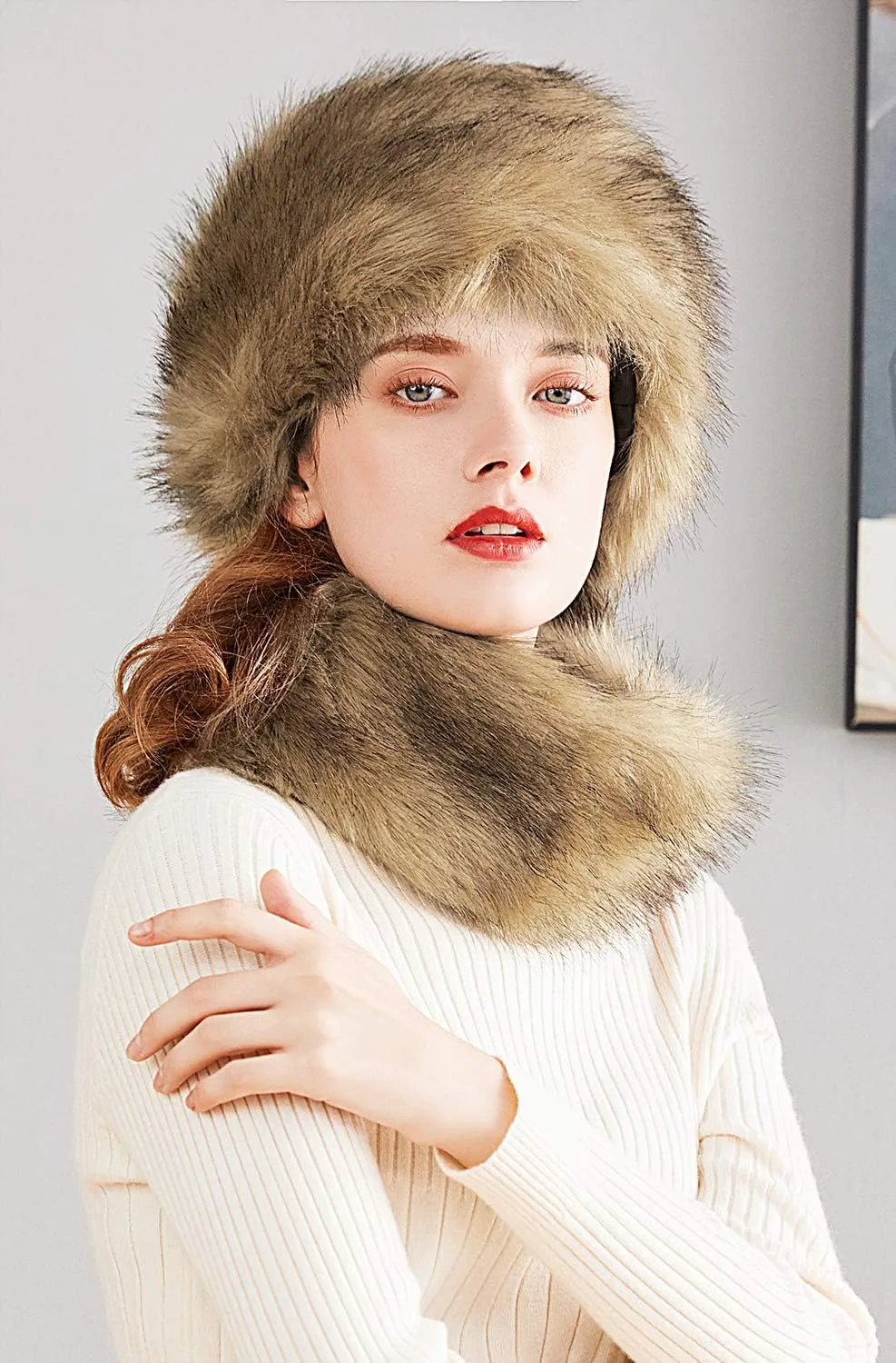 Lovful Faux Fur Women Russian Cossack Style Hat,Scarf Set for Ladies