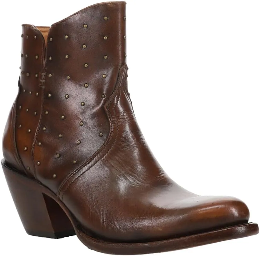 Lucchese Womens Harley Cowhide Studded Round Toe Casual Boots Ankle Mid Heel 2-3" - Black