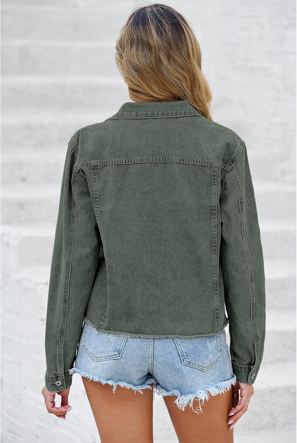 luvamia Denim Jacket for Women Distressed Jean Jackets Button Up Vintage Western Trucker Jacket Frayed Hem Pockets