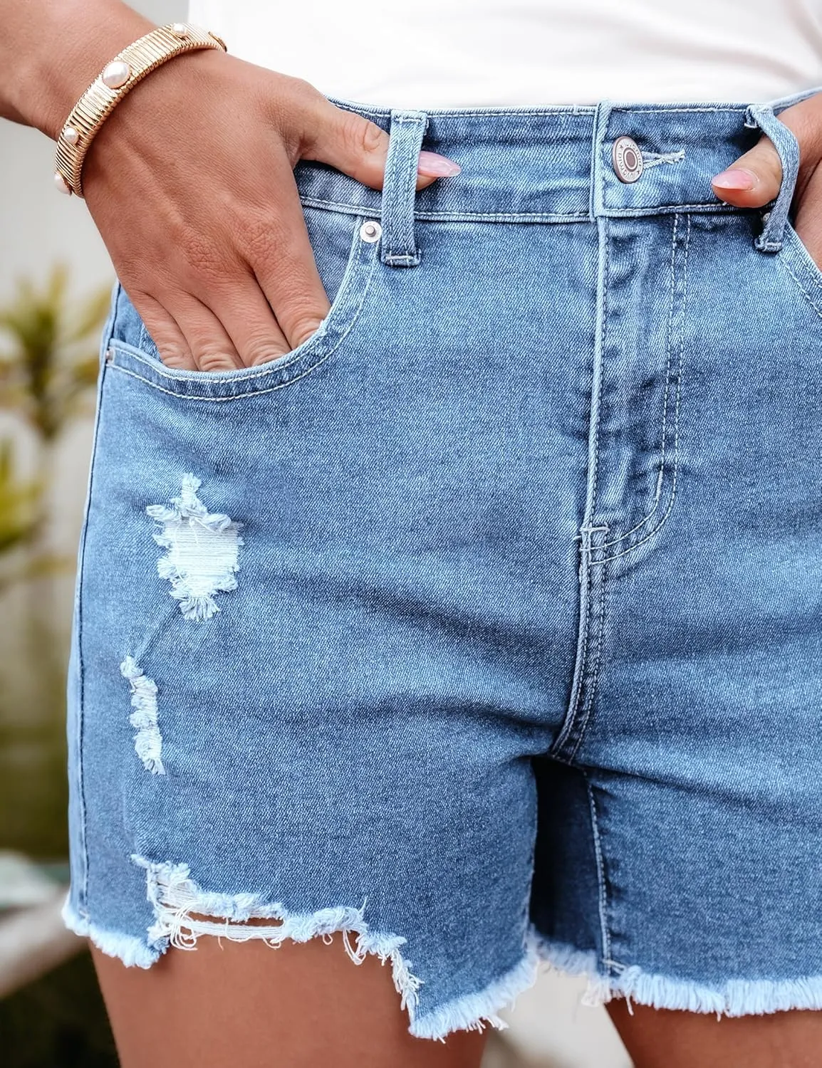 luvamia Jean Shorts for Women High Waisted Stretchy Distressed Denim Shorts Ripped Frayed Raw Hem Summer Casual Shorts