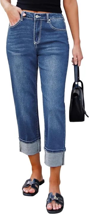 luvamia Straight Leg Jeans for Women Trendy Cropped High Waisted Cuffed Hem Stretchy Boyfriend Capri Jeans with Pockets