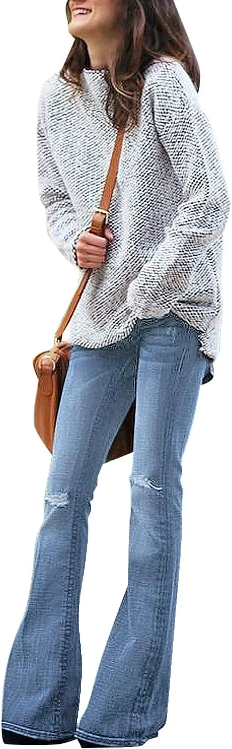luvamia Women's Ripped Flare Bell Bottom Jeans Pants Retro Wide Leg Denim Pants