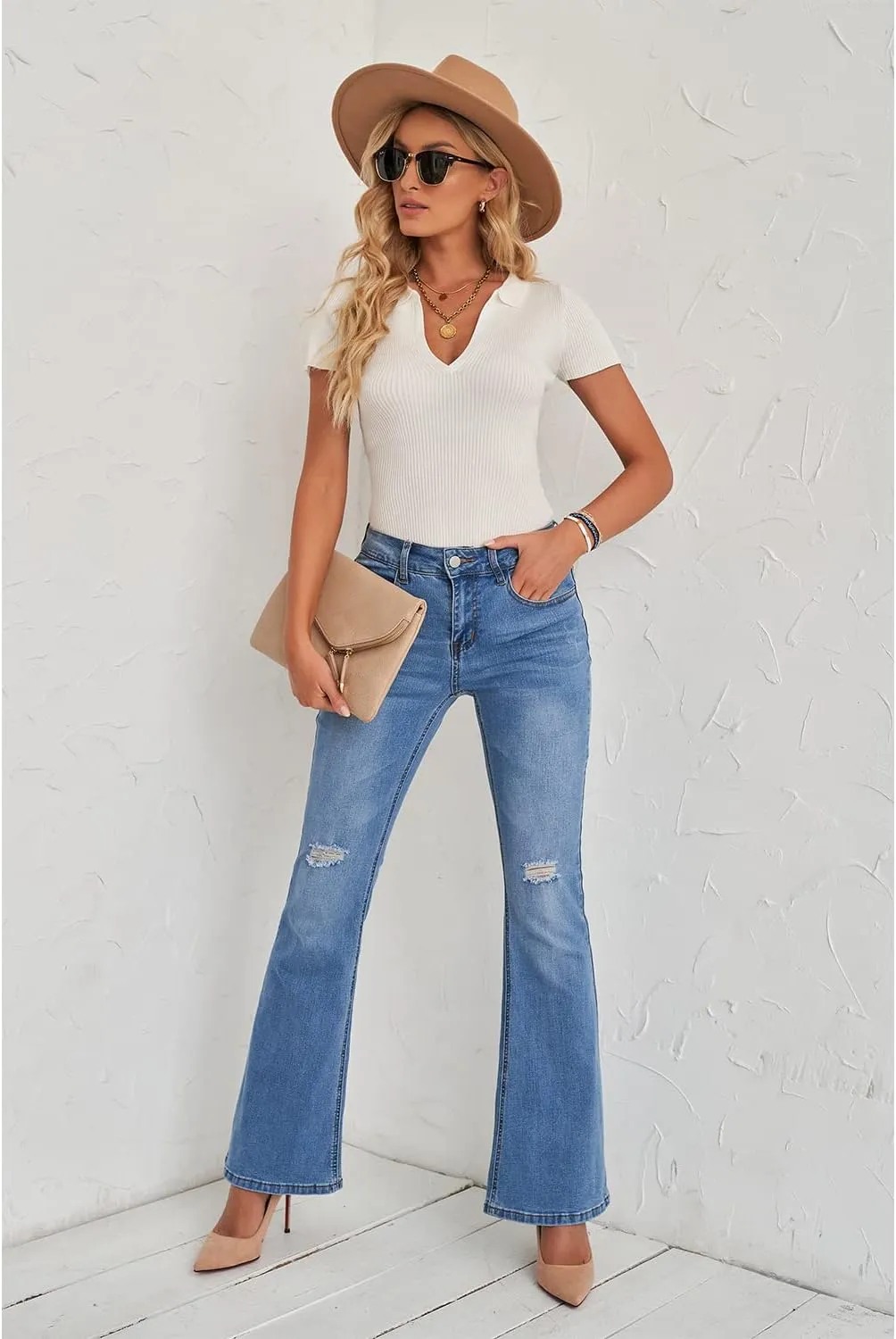 luvamia Women's Ripped Flare Bell Bottom Jeans Pants Retro Wide Leg Denim Pants