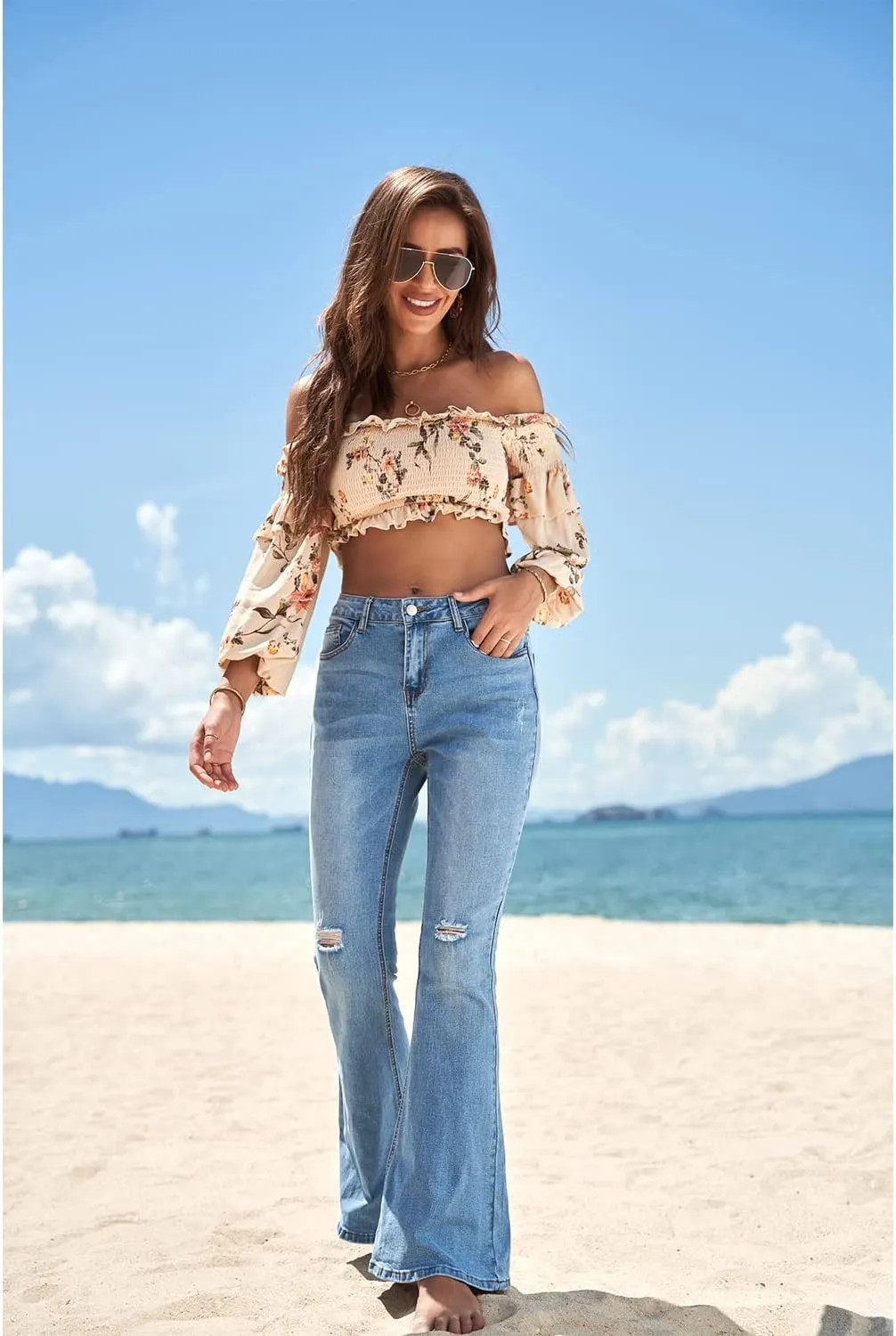luvamia Women's Ripped Flare Bell Bottom Jeans Pants Retro Wide Leg Denim Pants