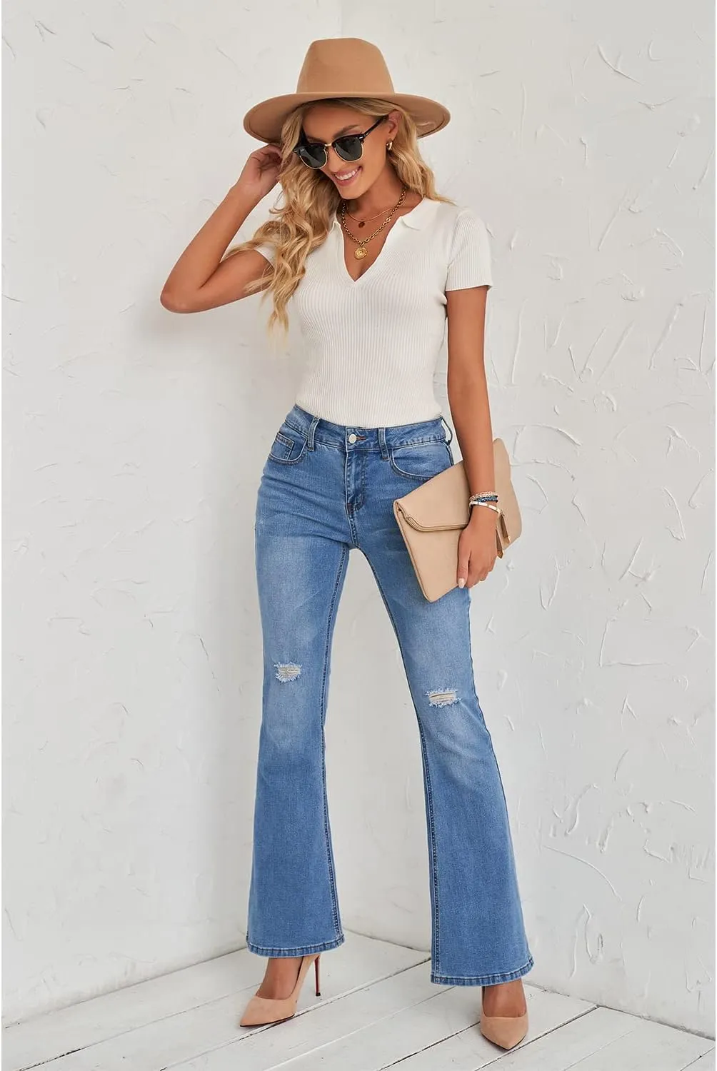 luvamia Women's Ripped Flare Bell Bottom Jeans Pants Retro Wide Leg Denim Pants