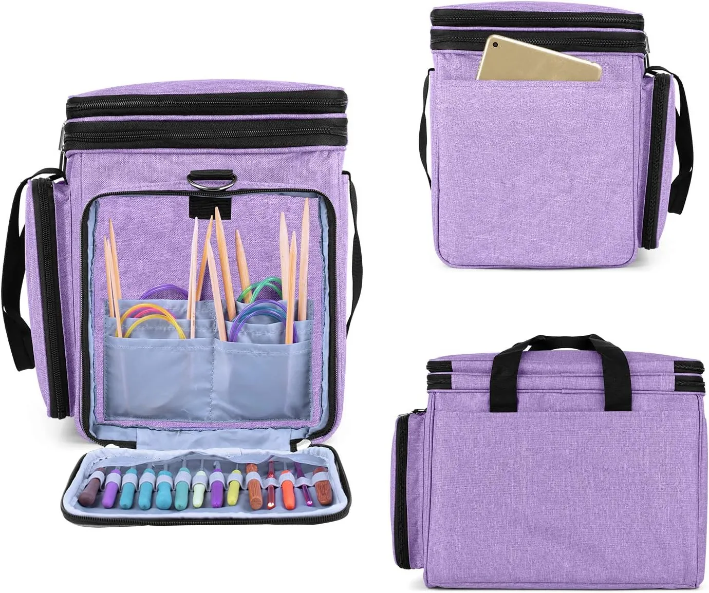 LUXJA Knitting Bag, Yarn Bag with Cover and Shoulder Strap, Yarn Tote Bag for Carrying Projects, Knitting Needles (up to 14”), Circular Needles, Crochet Hooks and Other Accessories, Lavender