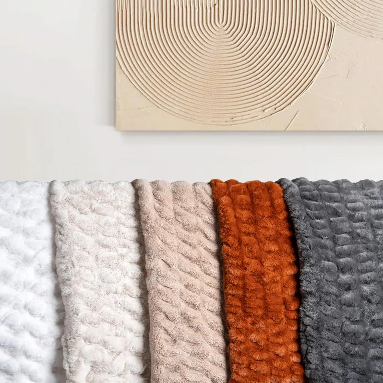 Luxury Concepts Soft Faux Rabbit Fur Throw Blanket - 50" x 60", Elegant Ruched Design Blanket, Machine Washable and Wrinkle Resistant, Lightweight Beige Throw Blanket for Couch, Sofa and Bed