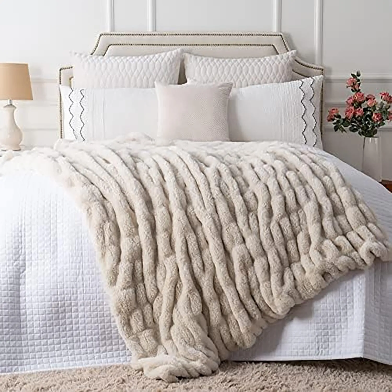 Luxury Concepts Soft Faux Rabbit Fur Throw Blanket - 50" x 60", Elegant Ruched Design Blanket, Machine Washable and Wrinkle Resistant, Lightweight Beige Throw Blanket for Couch, Sofa and Bed