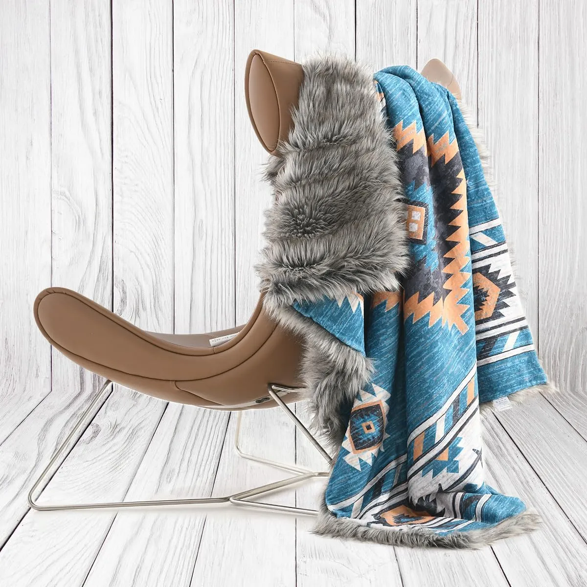 Luxury Plush Faux Fur Throw Blanket with Aztec Pattern, Super Warm, Fuzzy, Elegant, Fluffy Decoration Blanket for Couch, Armchair, Sofa and Bed, 60''x 80'', Teal