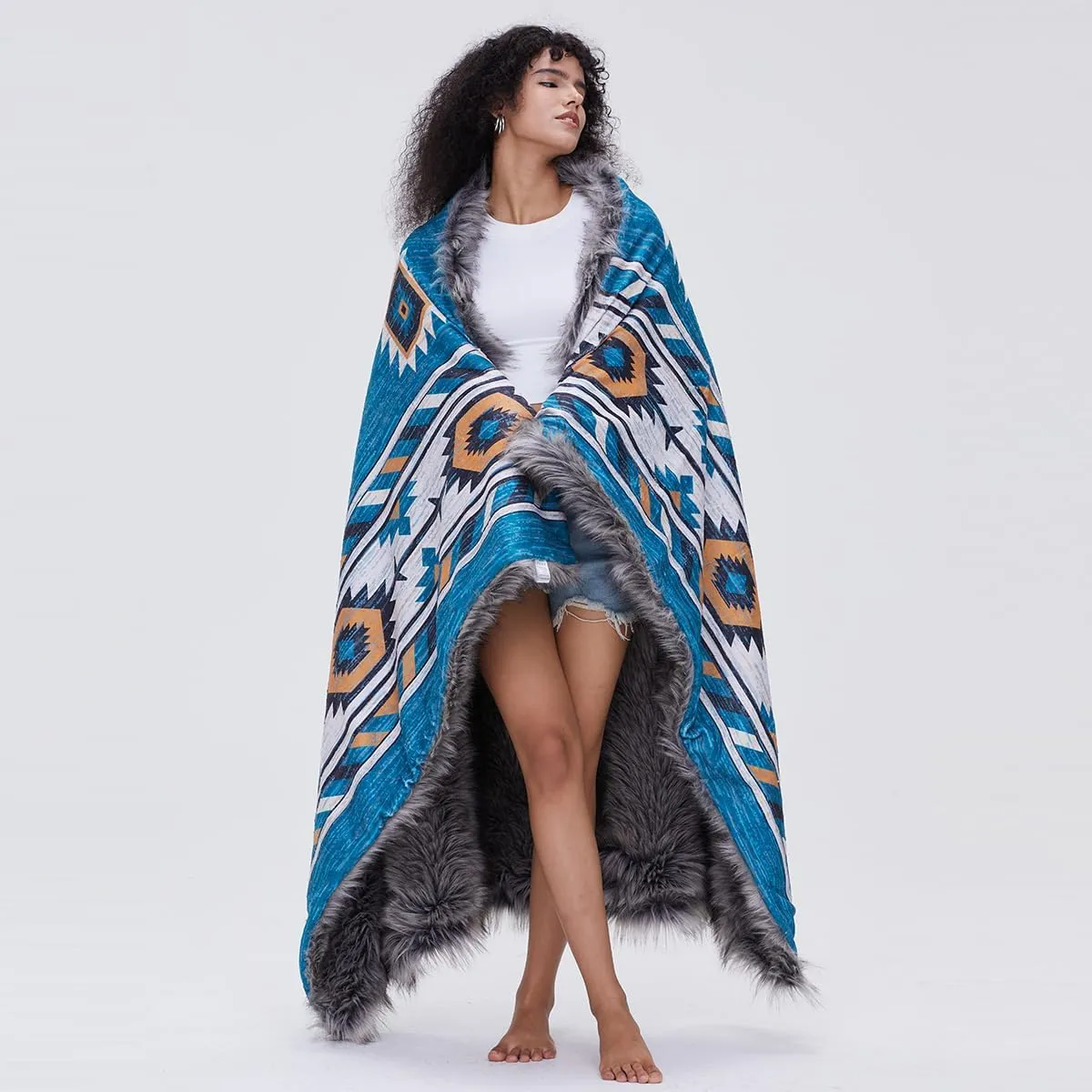 Luxury Plush Faux Fur Throw Blanket with Aztec Pattern, Super Warm, Fuzzy, Elegant, Fluffy Decoration Blanket for Couch, Armchair, Sofa and Bed, 60''x 80'', Teal