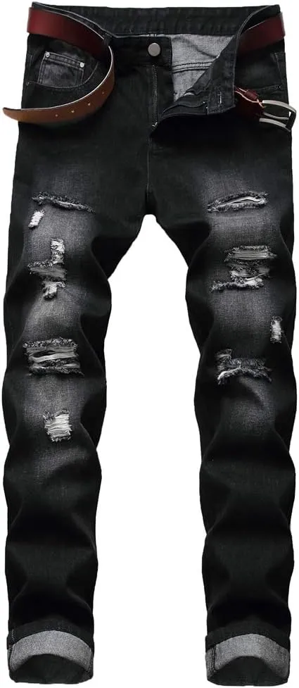 LZLER Mens Ripped Jeans,Distressed Destroyed Slim Fit Straight Leg Denim Pant with Holes