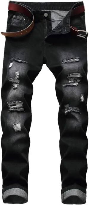 LZLER Mens Ripped Jeans,Distressed Destroyed Slim Fit Straight Leg Denim Pant with Holes