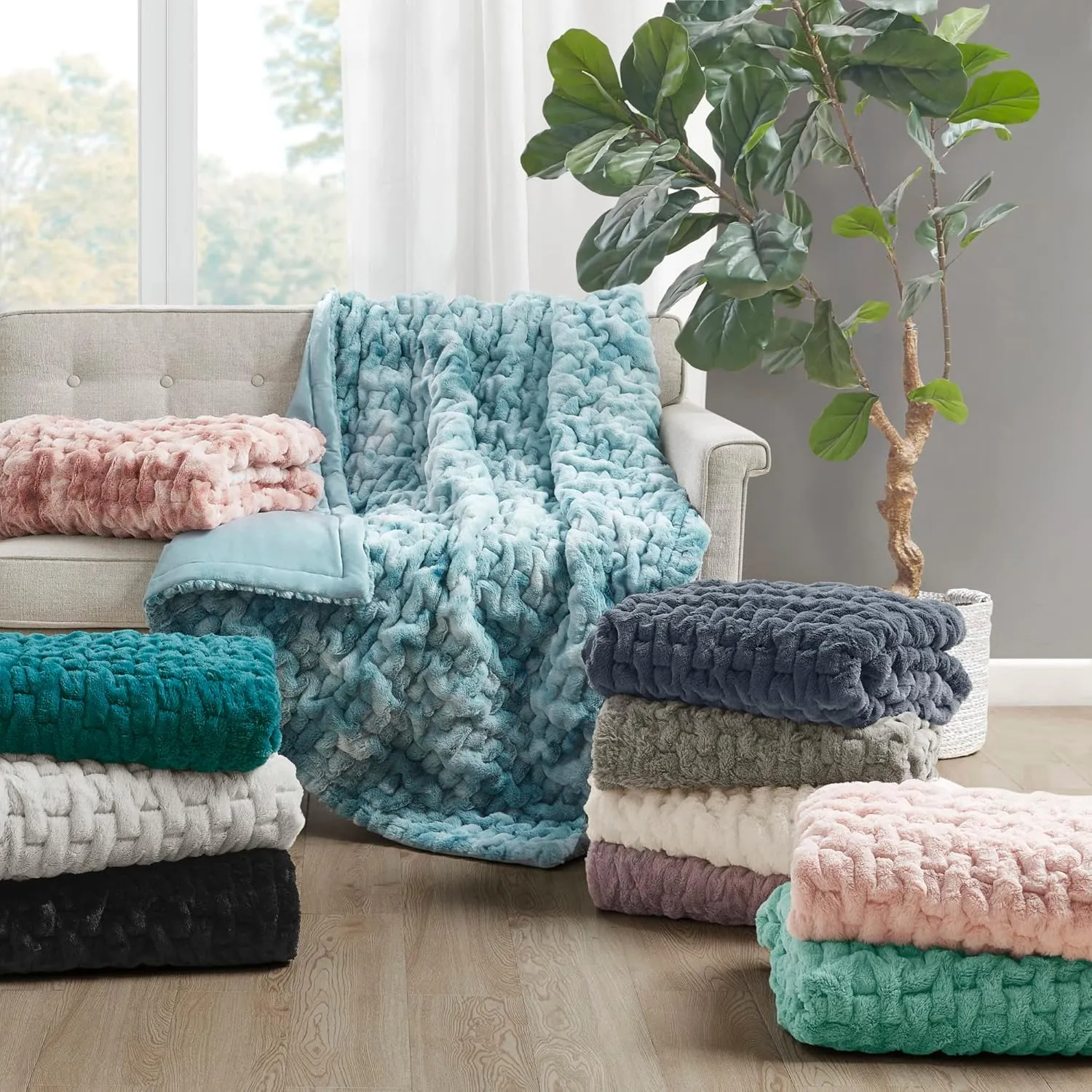 Madison Park Ruched Luxury Throw Premium Soft Cozy Brushed Long Faux Fur For Bed, Couch or Sofa, 50"x60", Aqua