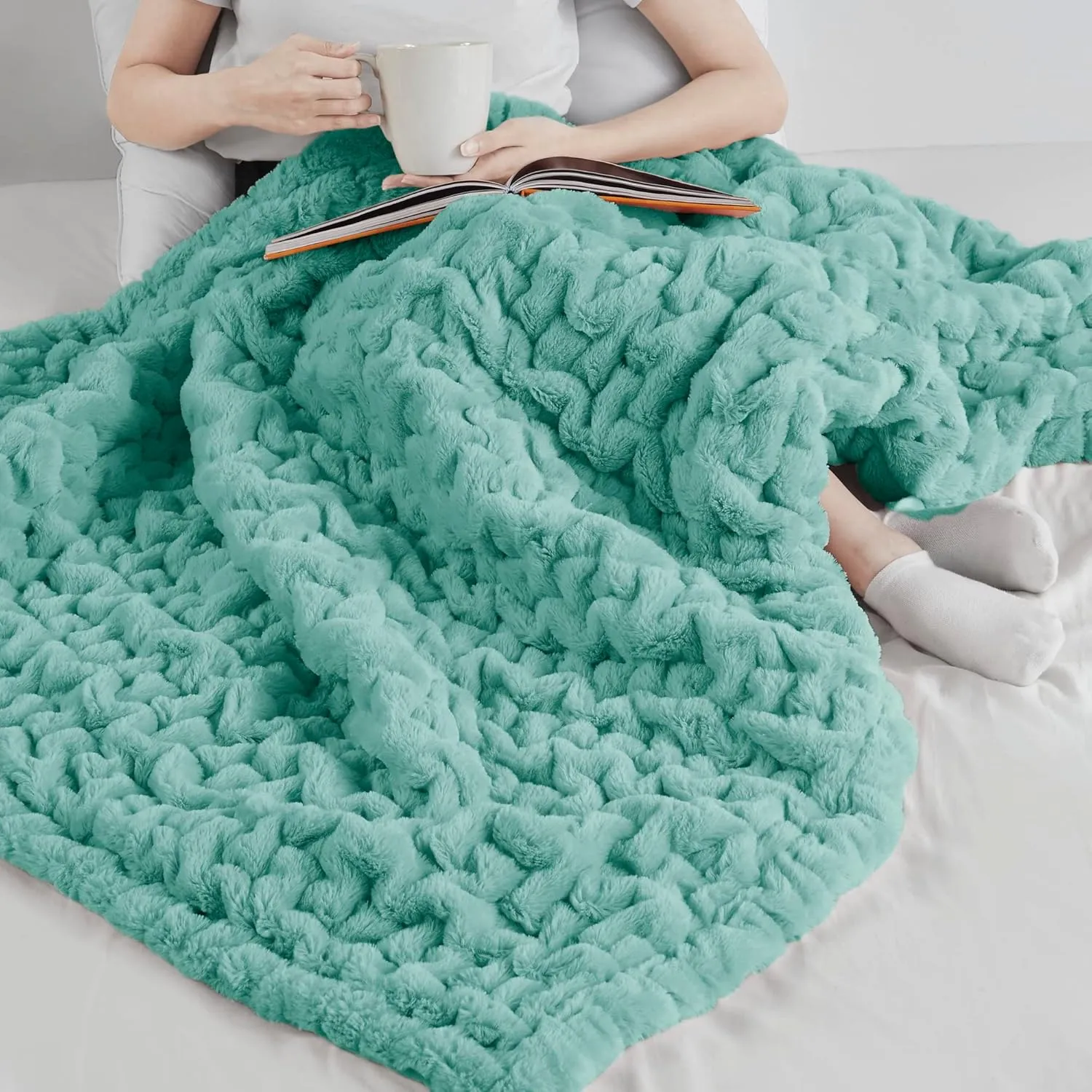 Madison Park Ruched Luxury Throw Premium Soft Cozy Brushed Long Faux Fur For Bed, Couch or Sofa, 50"x60", Aqua
