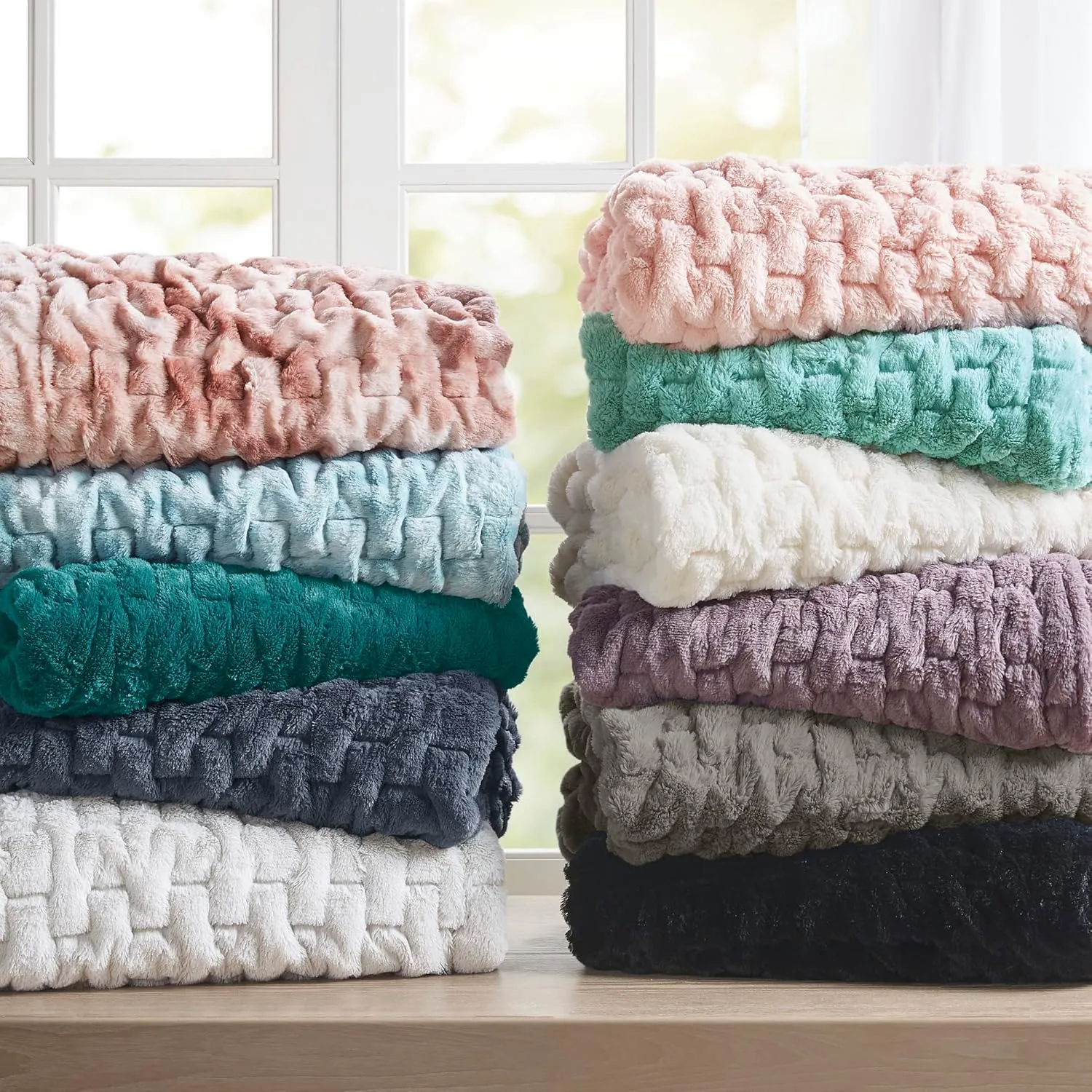 Madison Park Ruched Luxury Throw Premium Soft Cozy Brushed Long Faux Fur For Bed, Couch or Sofa, 50"x60", Aqua