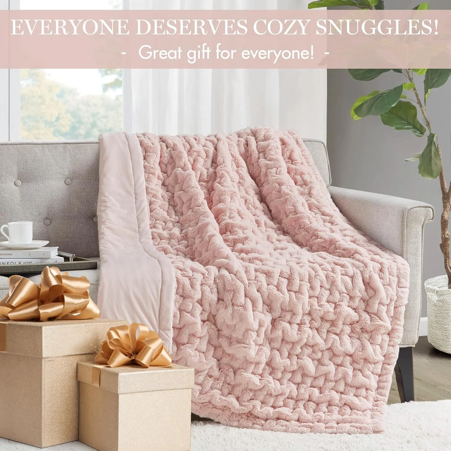 Madison Park Ruched Luxury Throw Premium Soft Cozy Brushed Long Faux Fur For Bed, Couch or Sofa, 50"x60", Blush