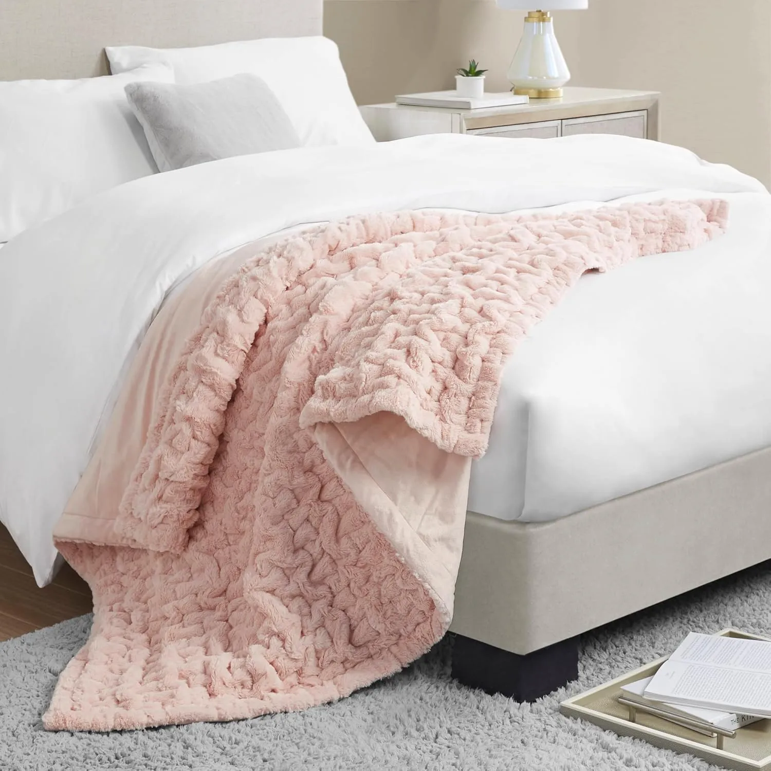 Madison Park Ruched Luxury Throw Premium Soft Cozy Brushed Long Faux Fur For Bed, Couch or Sofa, 50"x60", Blush