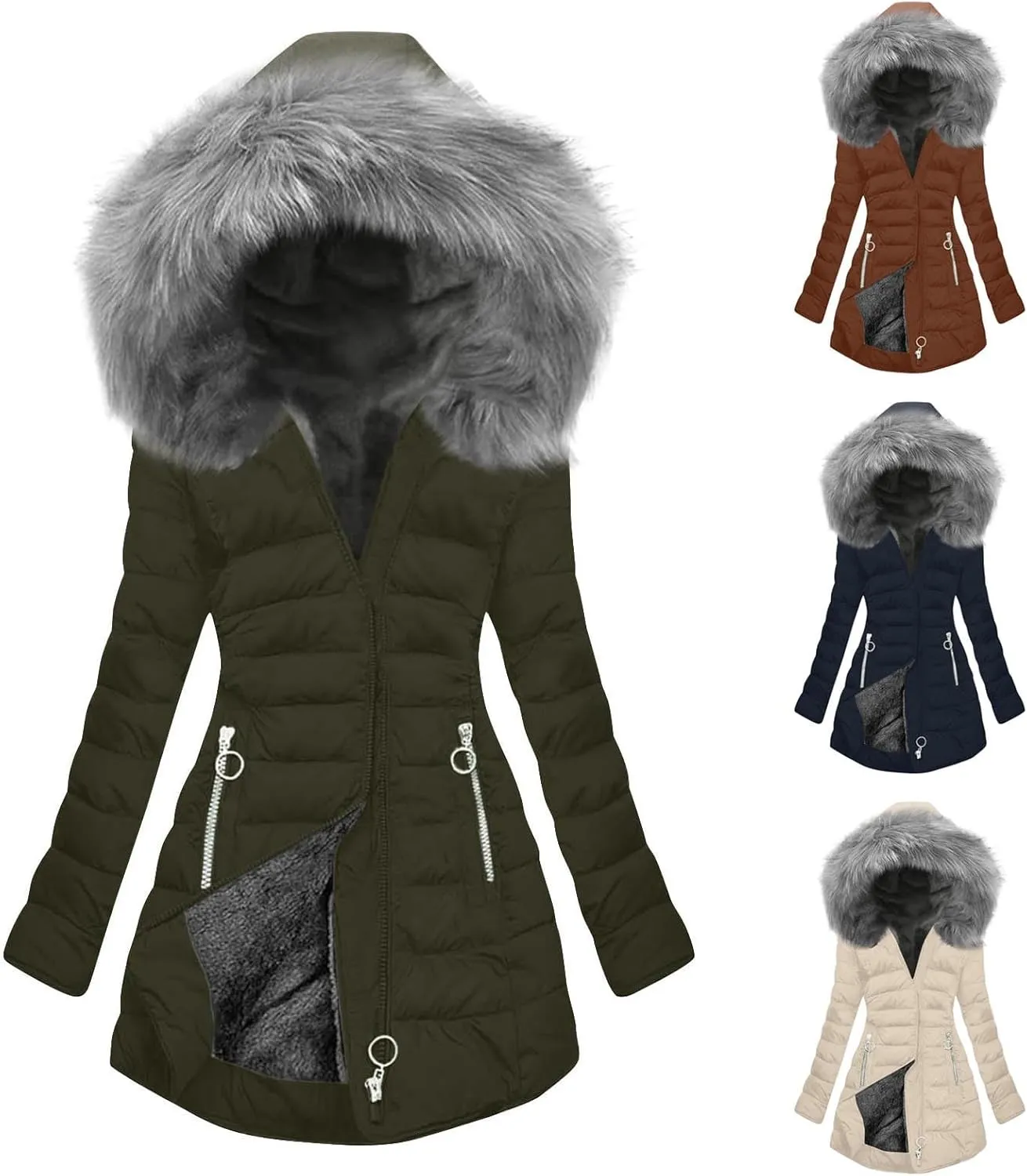 maisdgop Womens Winter Coats Mid Length Sherpa Lined Warm Heavy Jackets Thickened Windproof Outerwear With Fur Hood