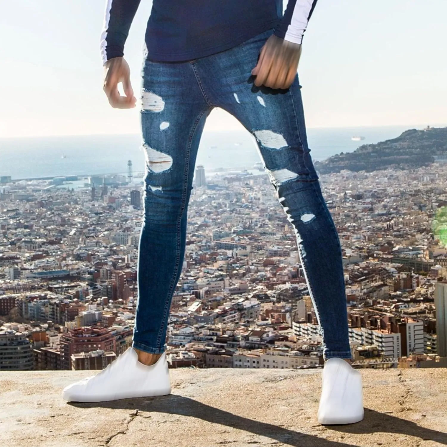 Maiyifu-GJ Men's Distressed Moto Biker Jeans Ripped Punk Gothic Zipper Denim Pants Hip hop Tapered Leg Slim Fit Jean