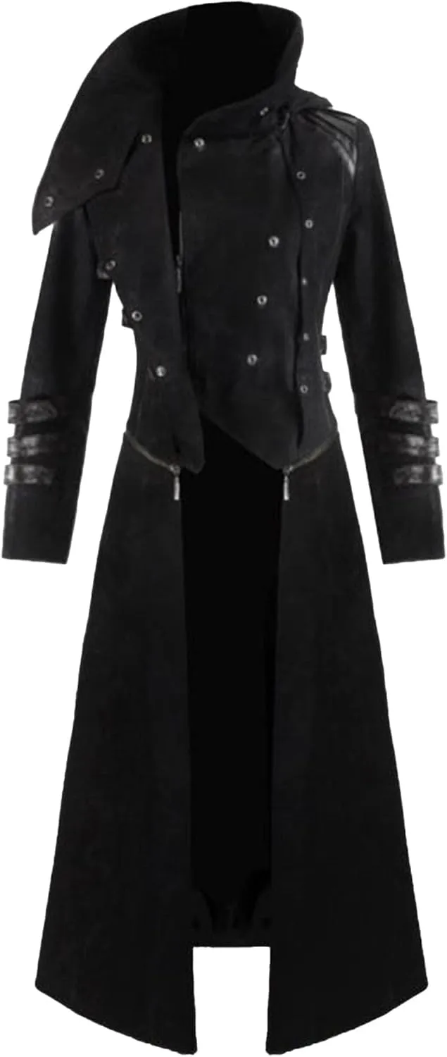 Maiyifu-GJ Men's Medieval Court Vintage Trench Coat Solid Long Sleeve Cosplay Dress Jacket Steampunk Slim Trench Coat