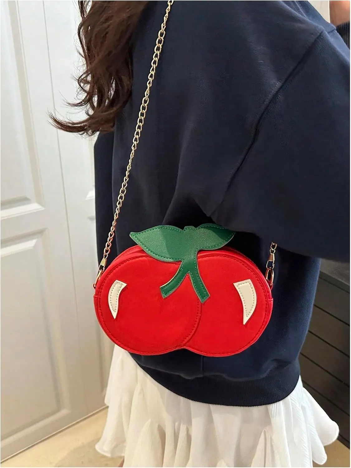 MakeMeChic Women's Cherry Crossbody Bag PU Leather Chain Strap Zipper Cute Shoulder Handbag