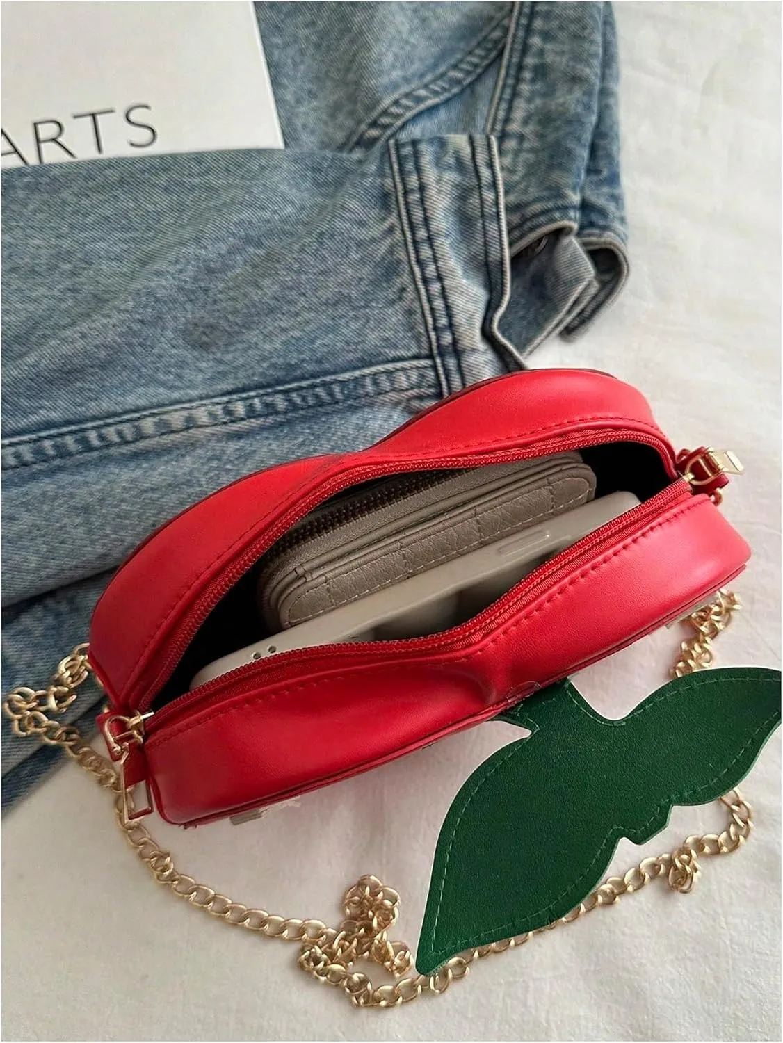 MakeMeChic Women's Cherry Crossbody Bag PU Leather Chain Strap Zipper Cute Shoulder Handbag