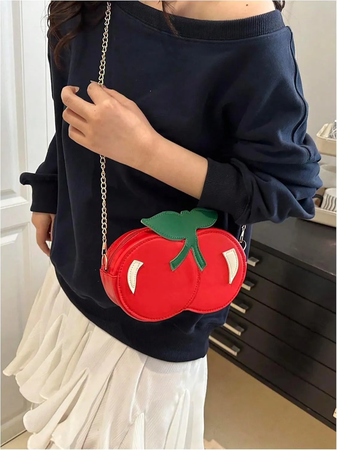 MakeMeChic Women's Cherry Crossbody Bag PU Leather Chain Strap Zipper Cute Shoulder Handbag