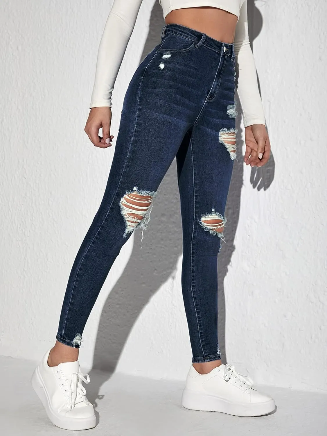 MakeMeChic Women's Ripped Skinny Jeans Casual High Waisted Distressed Stretch Denim Pants