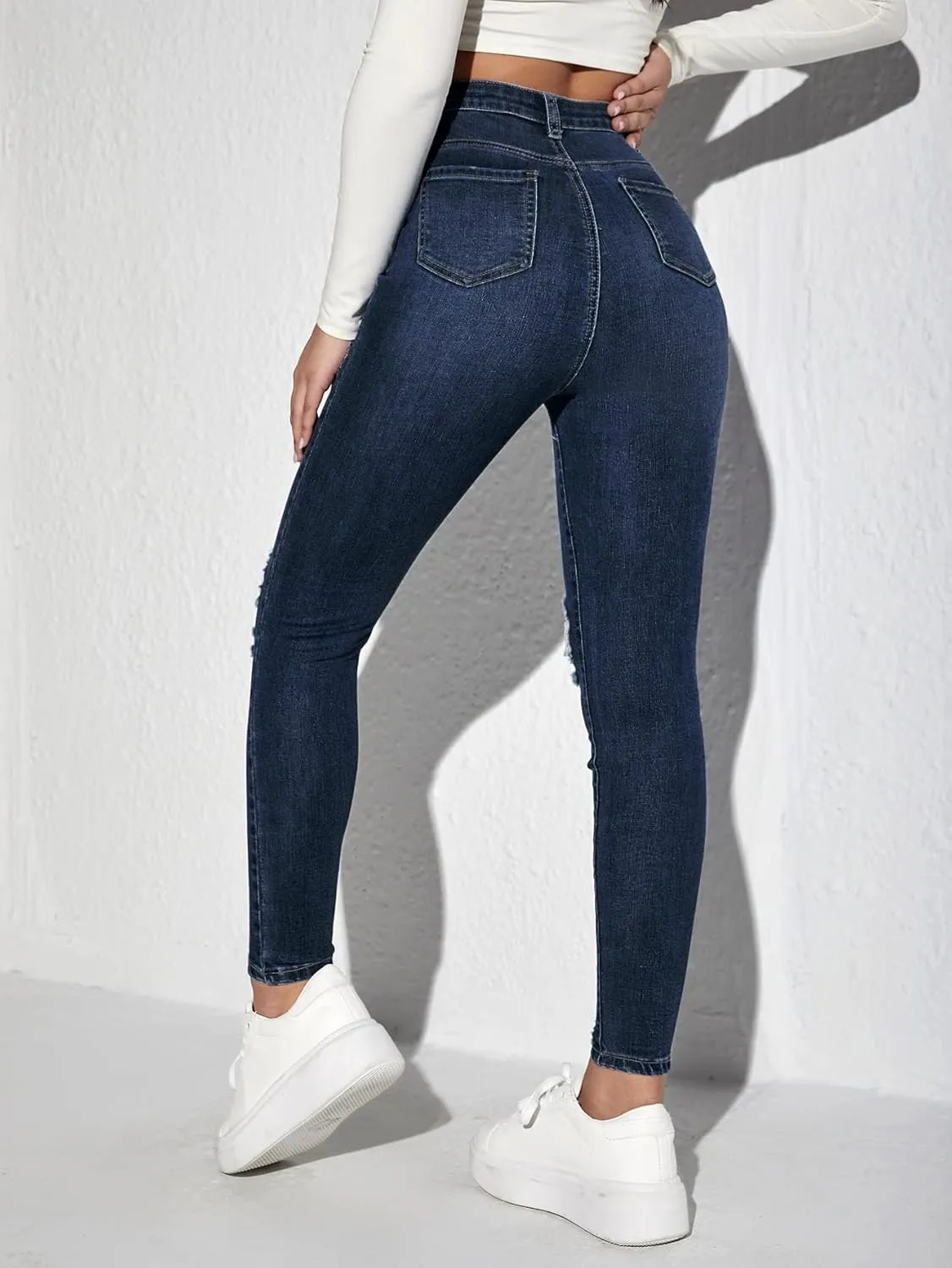 MakeMeChic Women's Ripped Skinny Jeans Casual High Waisted Distressed Stretch Denim Pants