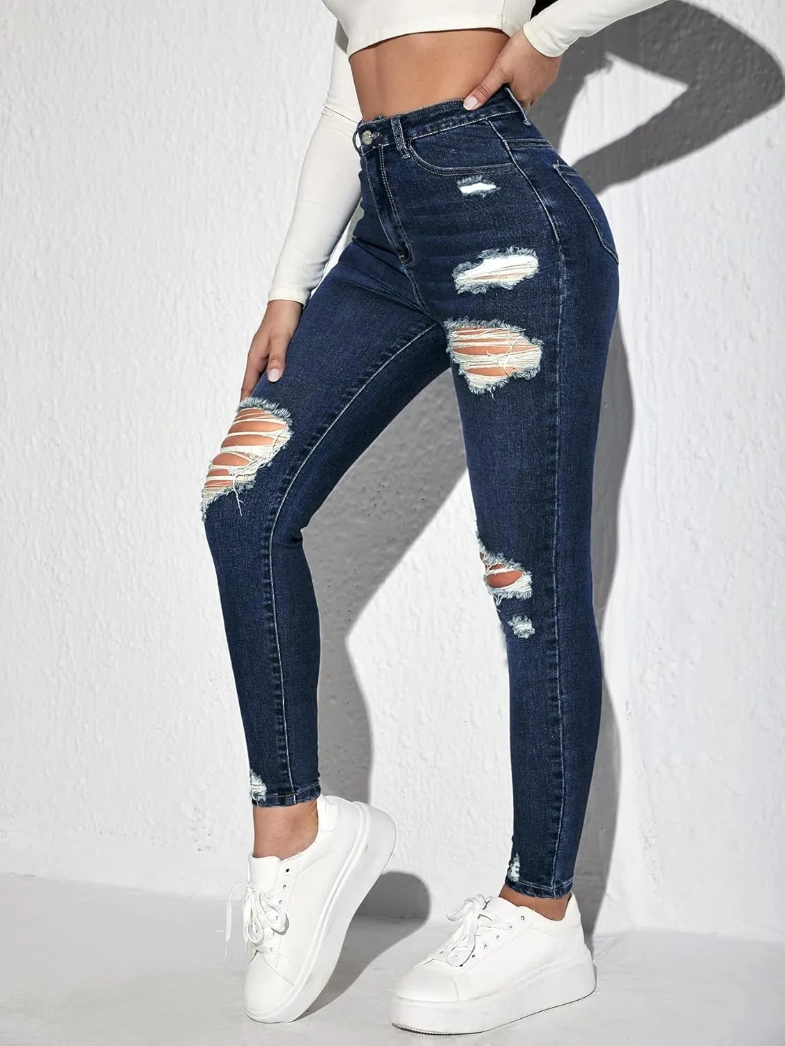 MakeMeChic Women's Ripped Skinny Jeans Casual High Waisted Distressed Stretch Denim Pants
