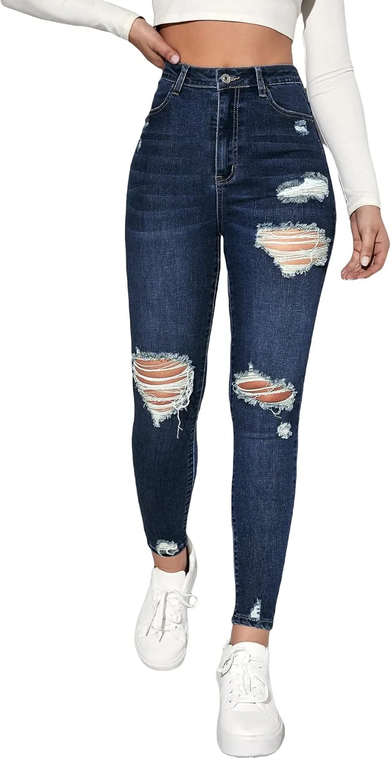 MakeMeChic Women's Ripped Skinny Jeans Casual High Waisted Distressed Stretch Denim Pants