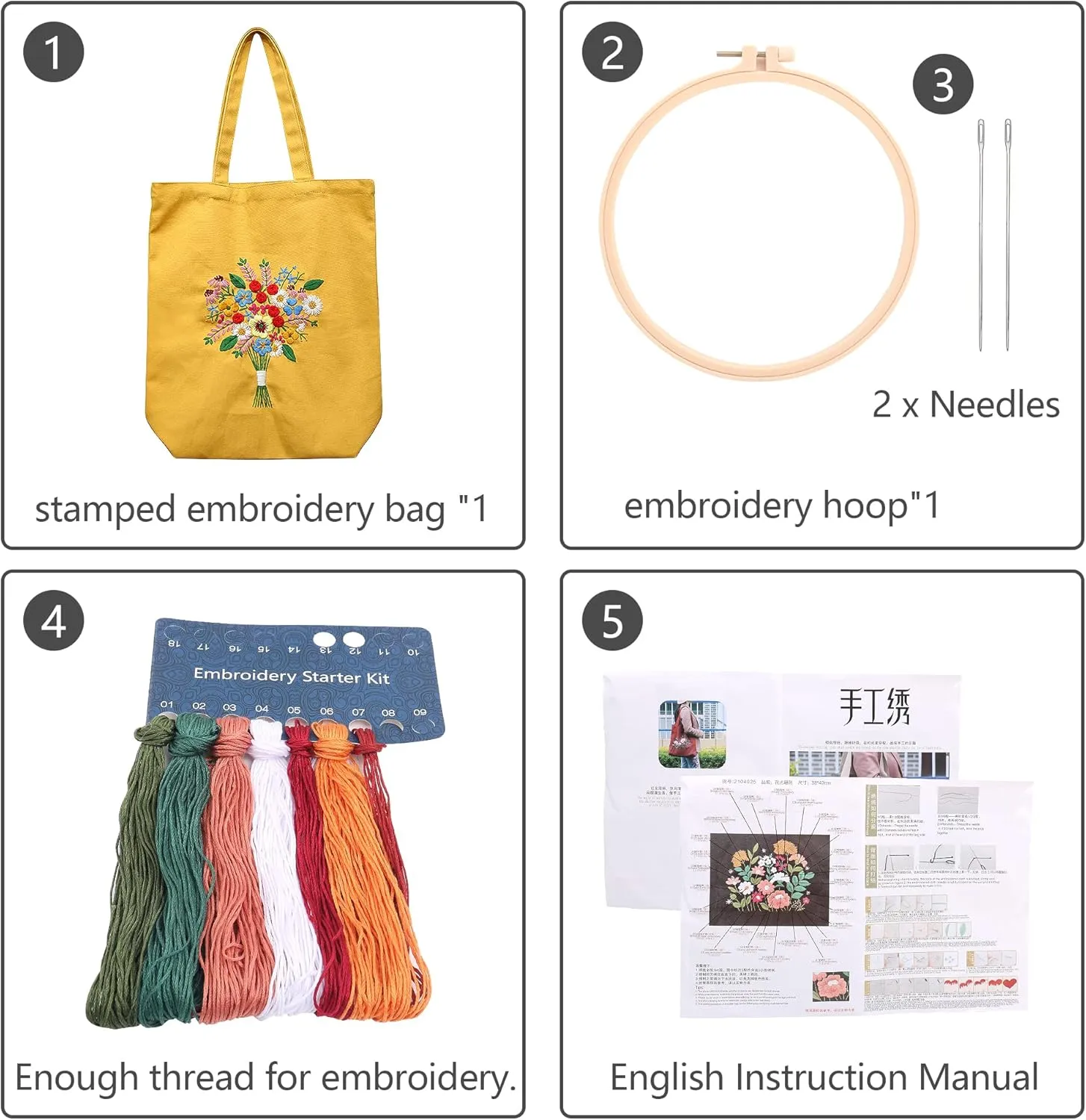 MAMUNU Canvas Tote Bag Embroidery Kit with Pattern for Beginners, Arts and DIY Crafts Kits for Adults, Include Instructions Embroidery Bag, Embroidery Hoops, Color Threads and Tool (Yellow)