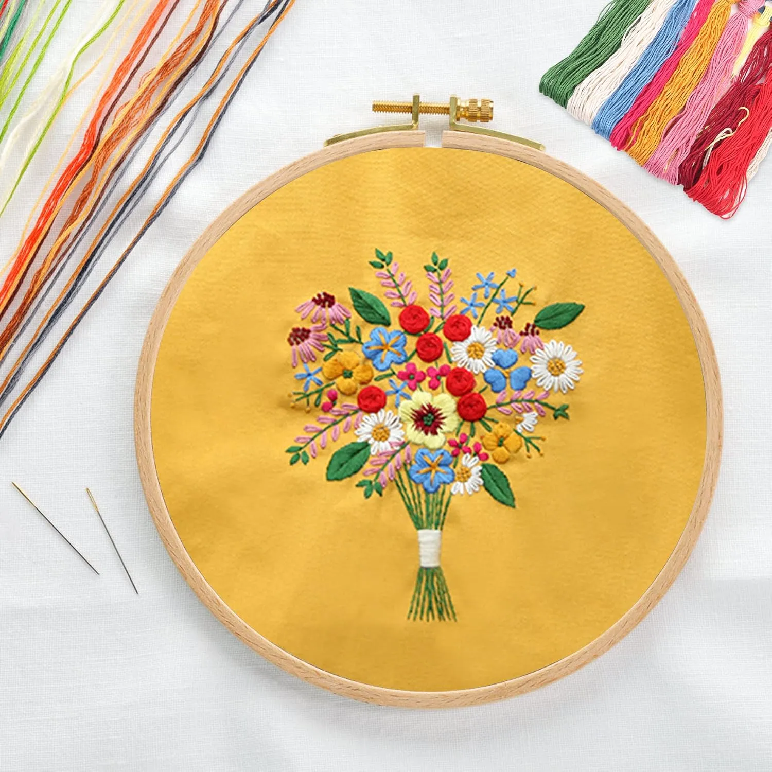 MAMUNU Canvas Tote Bag Embroidery Kit with Pattern for Beginners, Arts and DIY Crafts Kits for Adults, Include Instructions Embroidery Bag, Embroidery Hoops, Color Threads and Tool (Yellow)