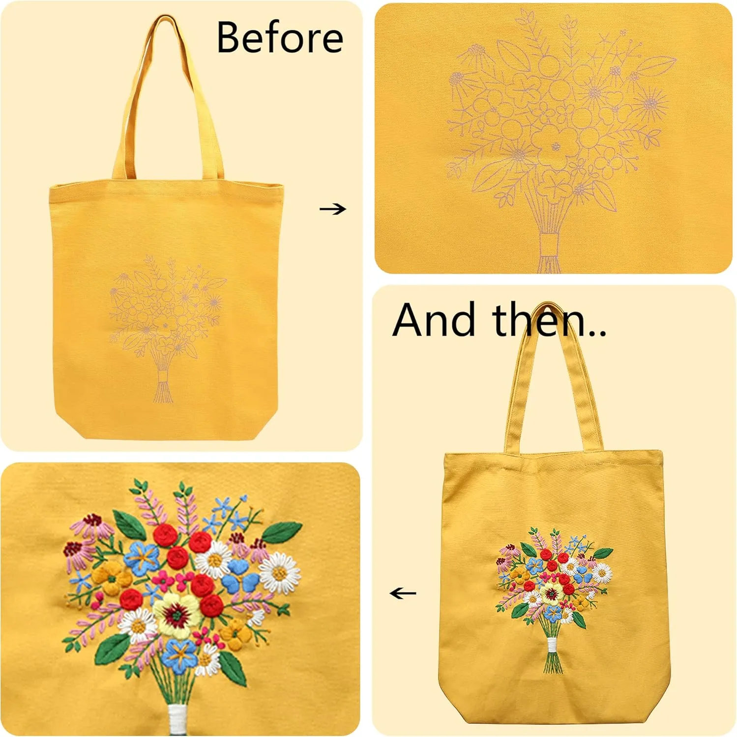 MAMUNU Canvas Tote Bag Embroidery Kit with Pattern for Beginners, Arts and DIY Crafts Kits for Adults, Include Instructions Embroidery Bag, Embroidery Hoops, Color Threads and Tool (Yellow)