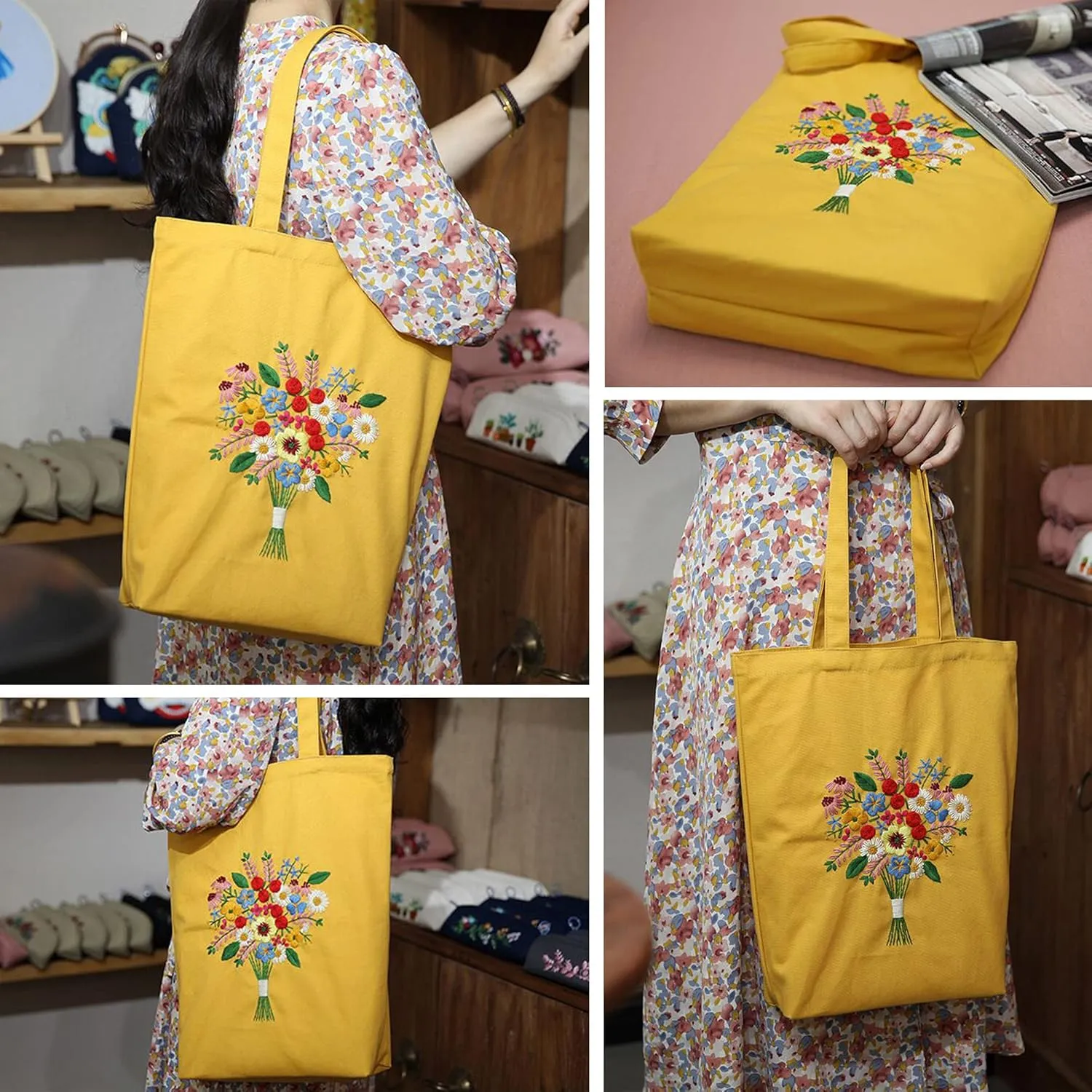 MAMUNU Canvas Tote Bag Embroidery Kit with Pattern for Beginners, Arts and DIY Crafts Kits for Adults, Include Instructions Embroidery Bag, Embroidery Hoops, Color Threads and Tool (Yellow)