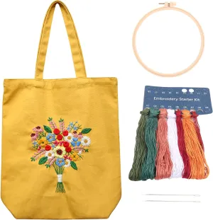 MAMUNU Canvas Tote Bag Embroidery Kit with Pattern for Beginners, Arts and DIY Crafts Kits for Adults, Include Instructions Embroidery Bag, Embroidery Hoops, Color Threads and Tool (Yellow)