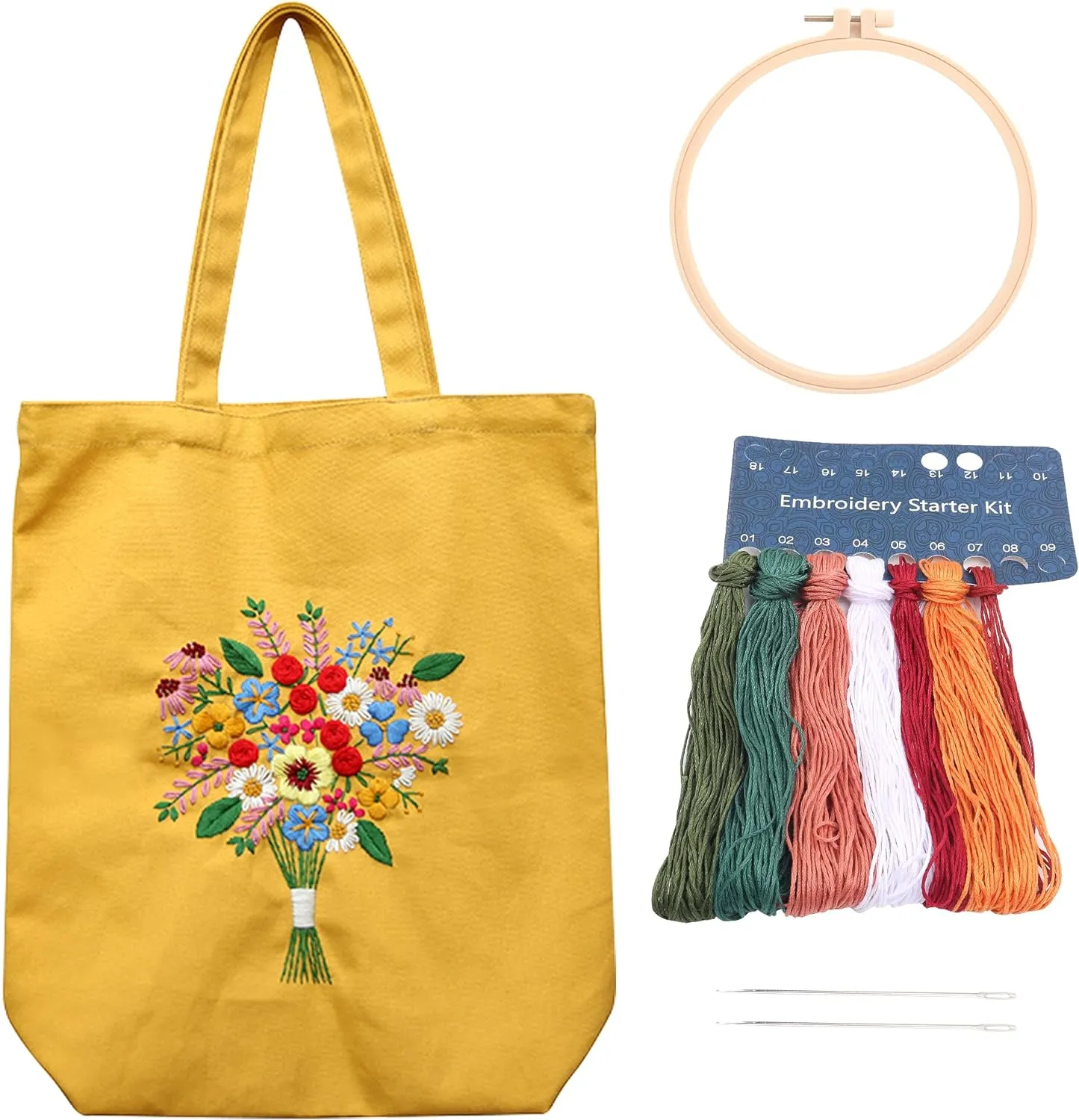 MAMUNU Canvas Tote Bag Embroidery Kit with Pattern for Beginners, Arts and DIY Crafts Kits for Adults, Include Instructions Embroidery Bag, Embroidery Hoops, Color Threads and Tool (Yellow)