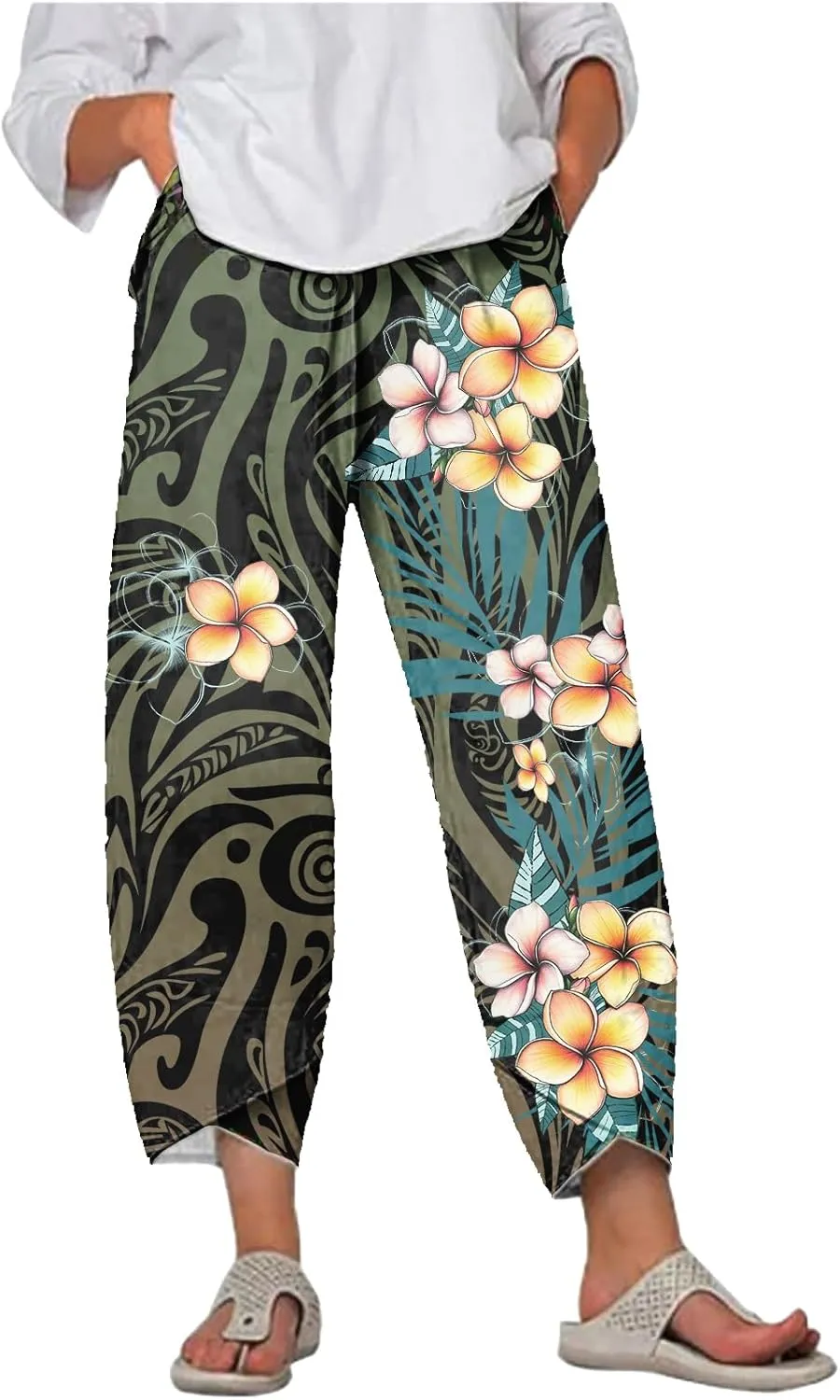 MARSVOVO Capri Pants for Women Summer Fashion Patchwork Cropped Comfy Wide Leg Baggy Trouser Palazzo Pants with Pockets