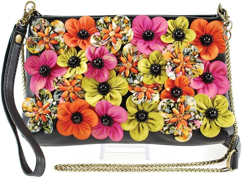 Mary Frances Flower Child Hand Crafted Retro 60'S Summer Of Love Extensive 3D Flower Embellishment Mini Crossbody and Wristlet