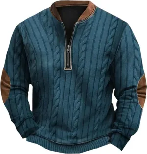 Mens 1/4 Zip Pullover Sweatshirts Long Sleeve Band Collar Knit Pattern Sweaters Casual Athletic Graphic Tee Shirts