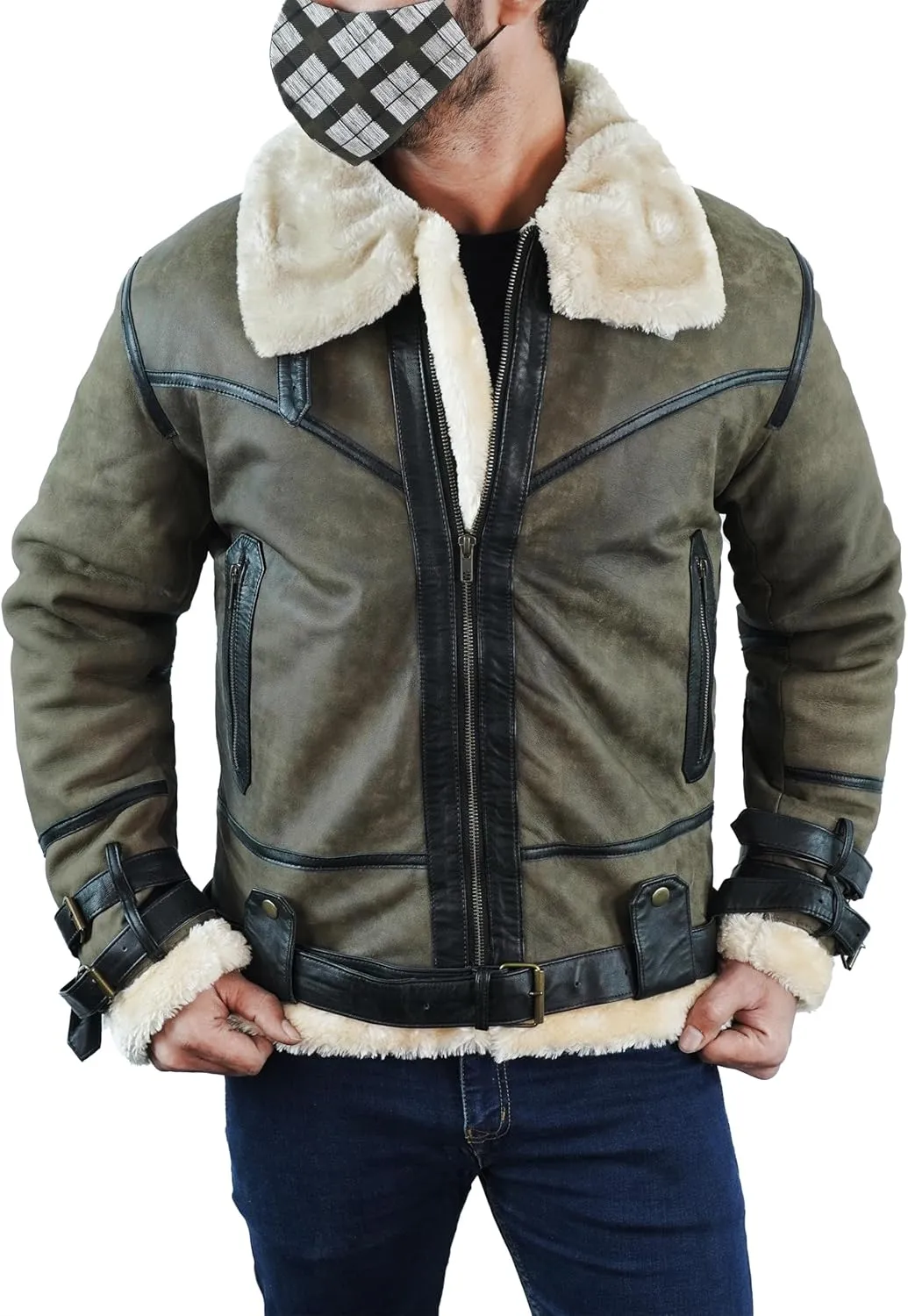 Mens B3 Bomber Jacket - Black Sheepskin Leather Shearling Aviator Bomber Jacket