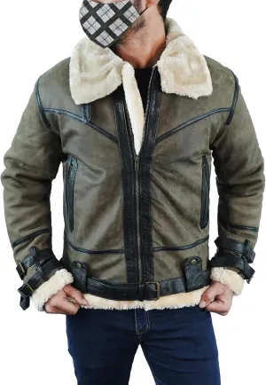Mens B3 Bomber Jacket - Black Sheepskin Leather Shearling Aviator Bomber Jacket