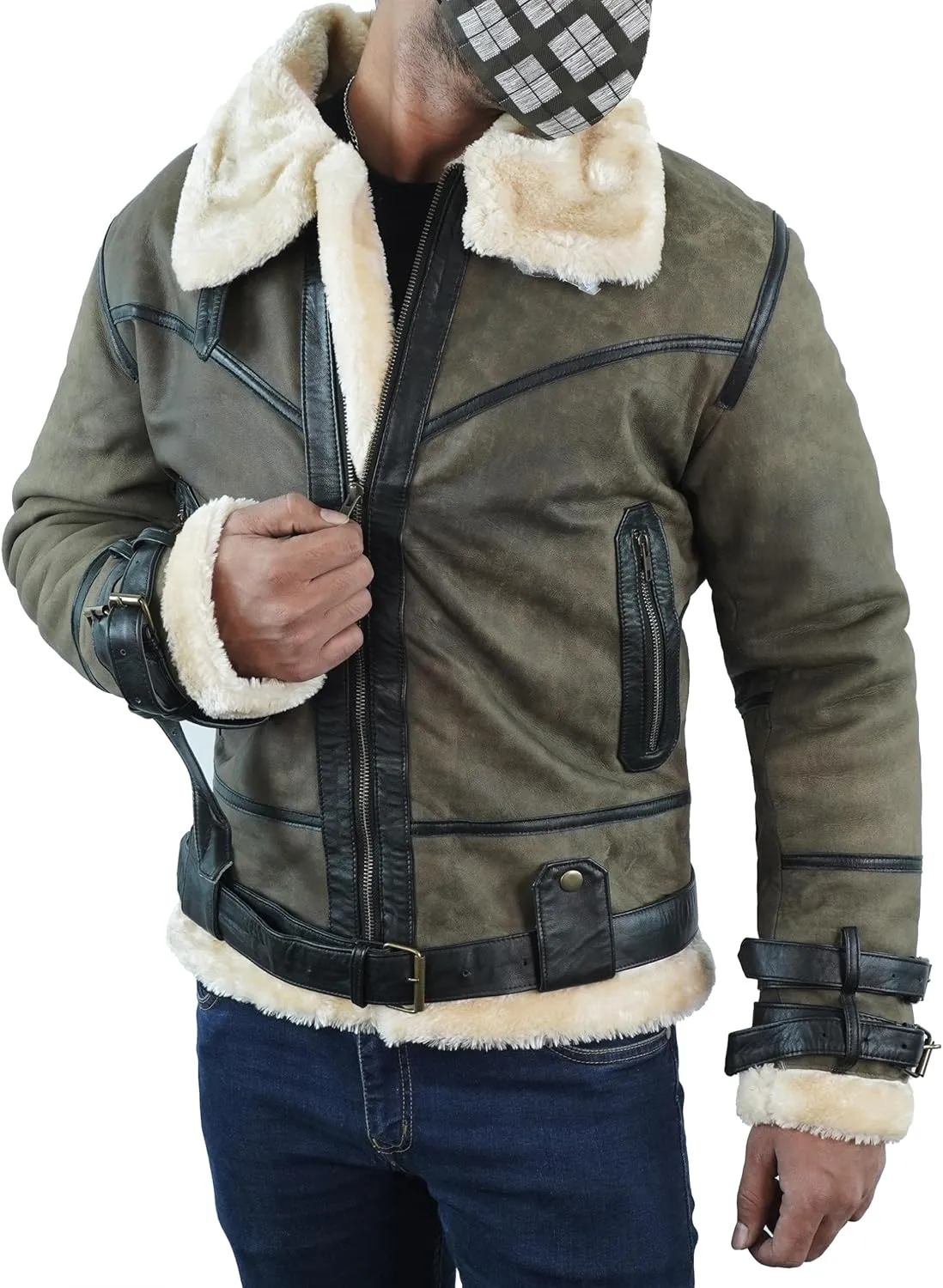 Mens B3 Bomber Jacket - Black Sheepskin Leather Shearling Aviator Bomber Jacket